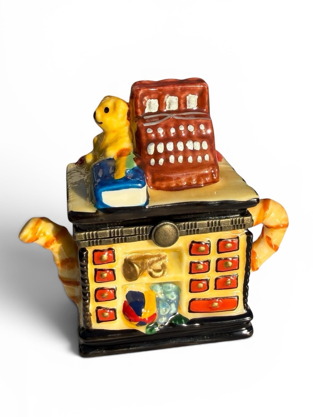 Vintage Toy Chest Trinket Box Teddy Bear Cash Register Nursery Keepsake Ceramic